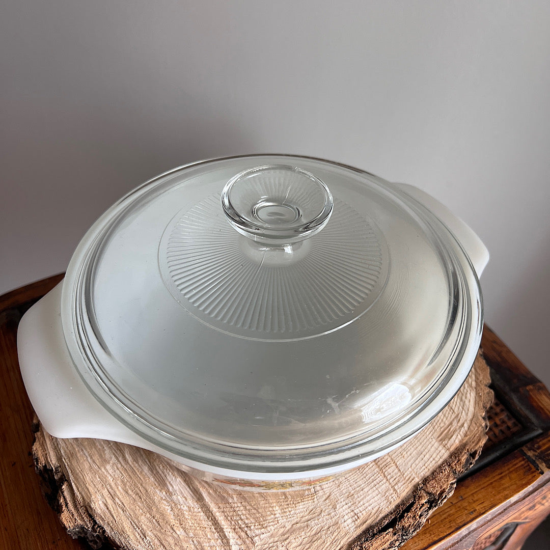 Vintage Harvest Vegetables Milk Glass Baking Dish With Lid