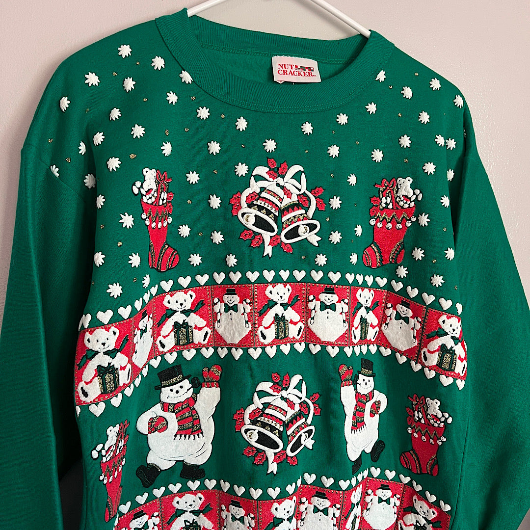 Vintage '90s Nutcracker Snowman Hearts Christmas Sweatshirt Made in USA