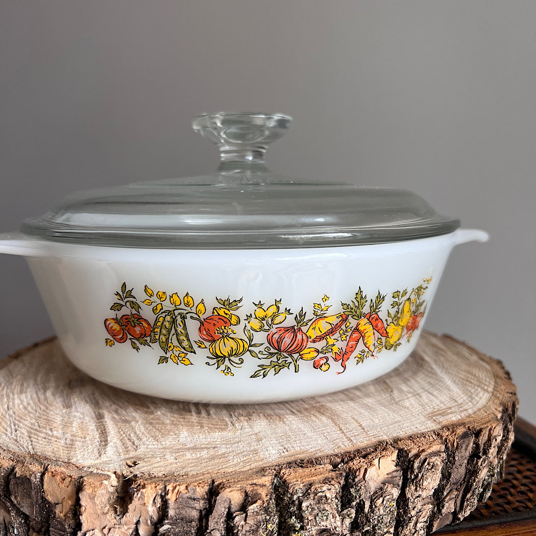 Vintage Harvest Vegetables Milk Glass Baking Dish With Lid