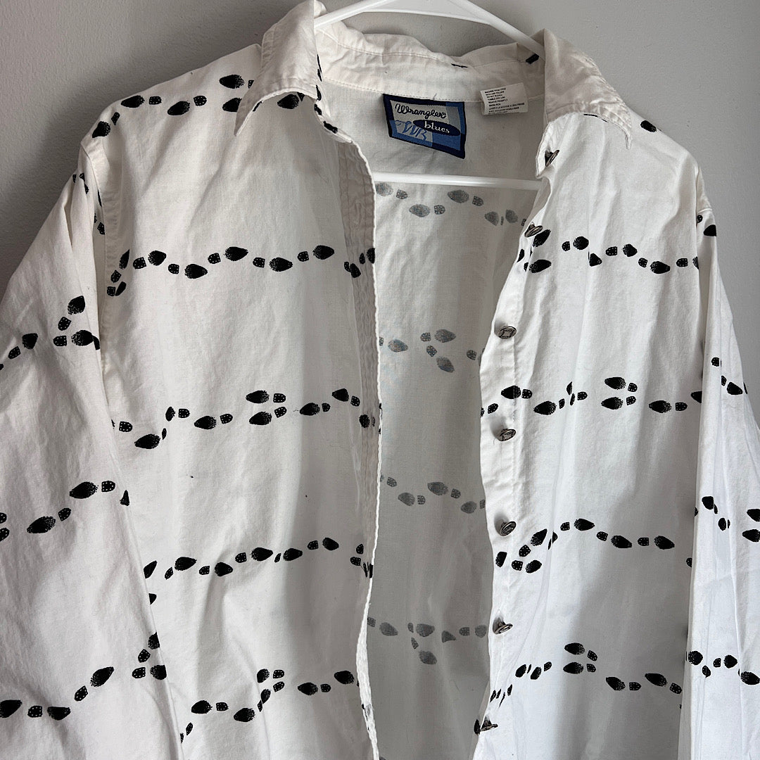 Vintage Wrangler Blues Cowboy Boot Footsteps Button Up Shirt