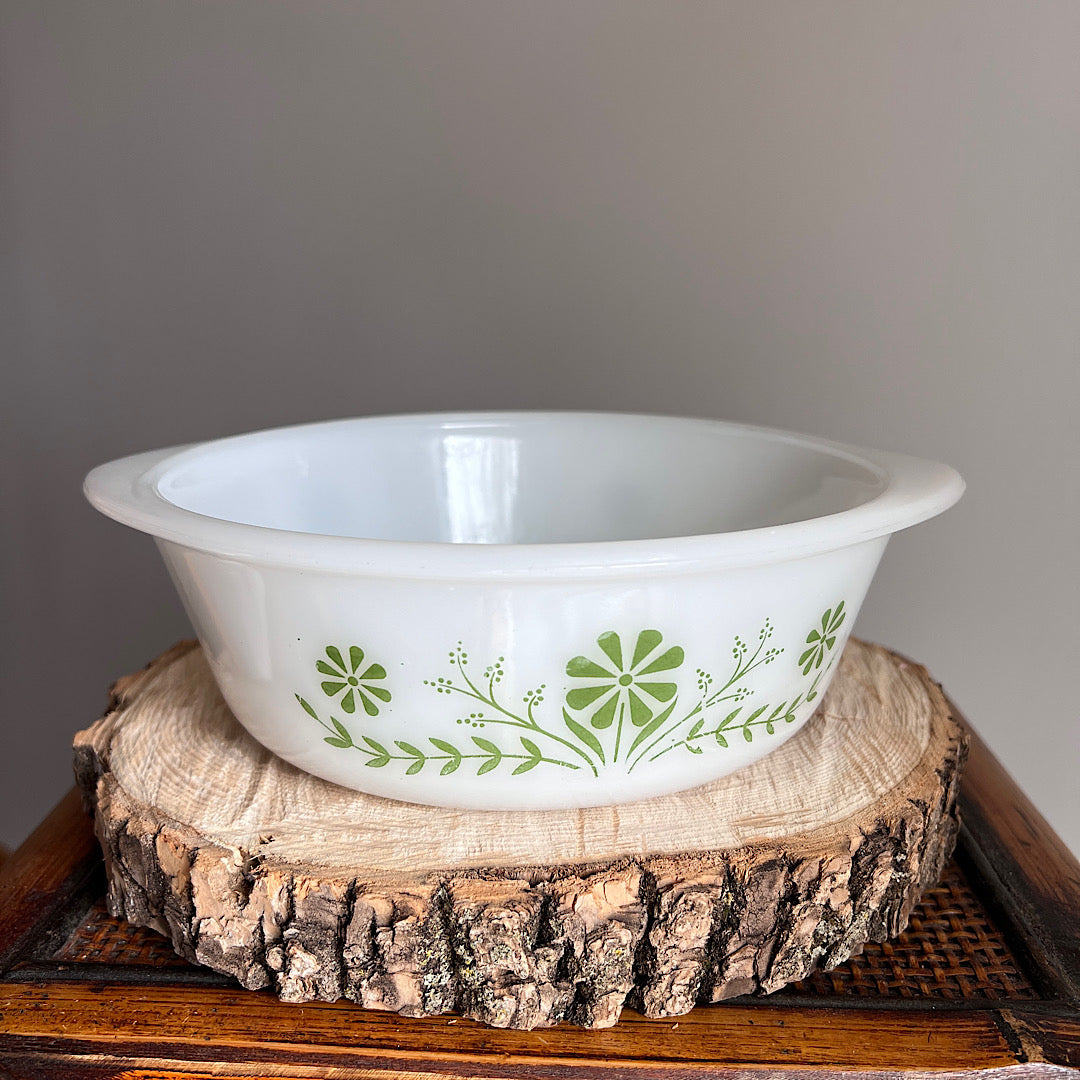 Vintage '60s Glasbake Milk Glass Green Daisy Casserole Dish