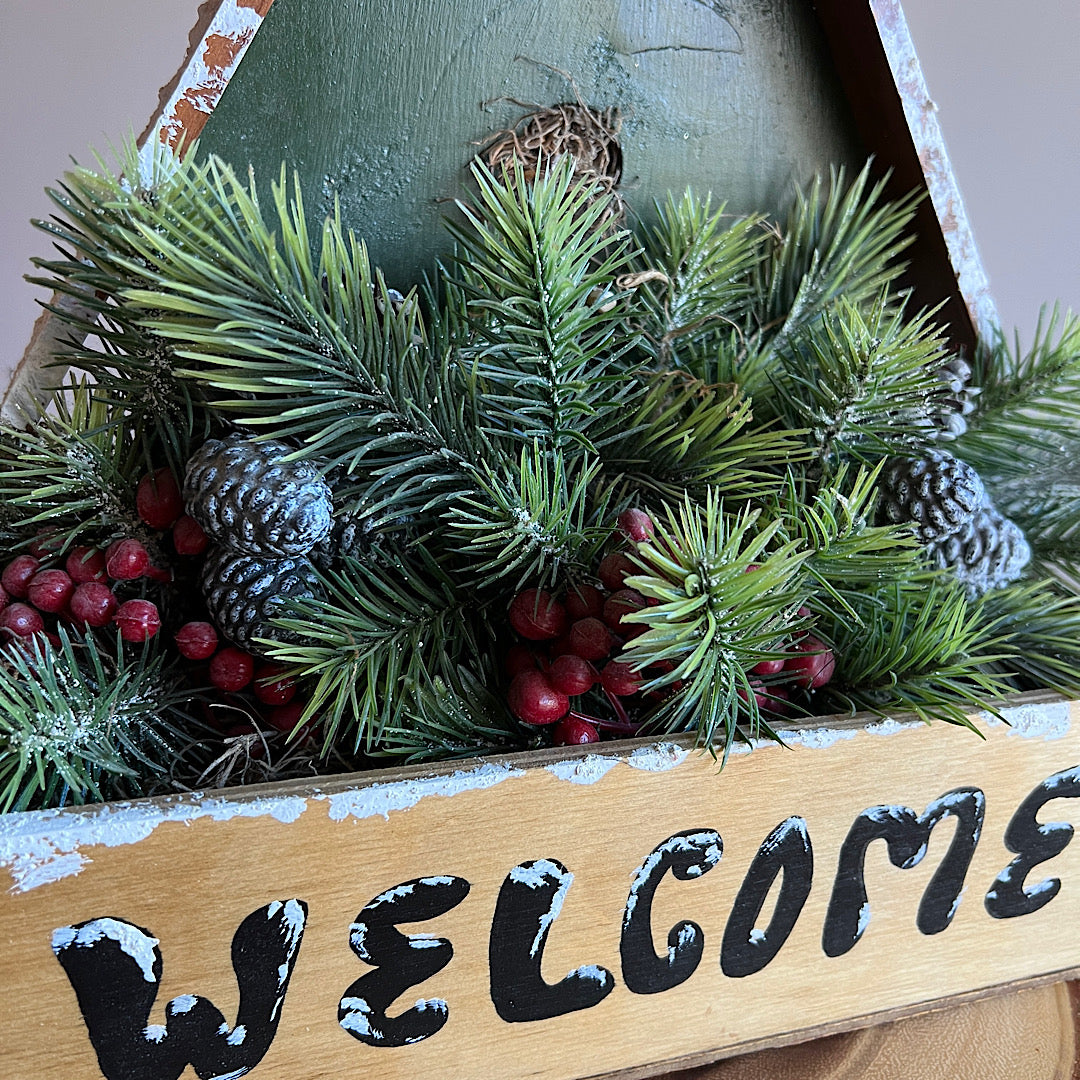 Vintage Welcome A-Frame Cabin Winter Pine Stems Box