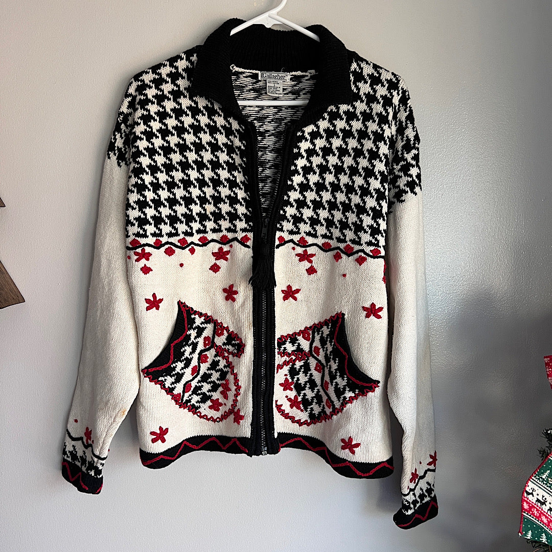 Vintage Gallagher Houndstooth Zip Up Cardigan Sweater