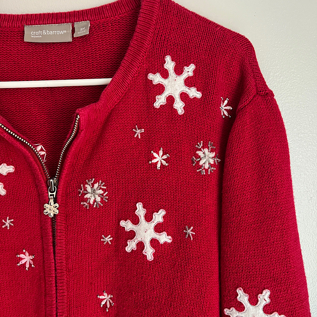 Vintage Croft & Barrow Woman Embroidered Beaded Snowflake Zip Up Sweater