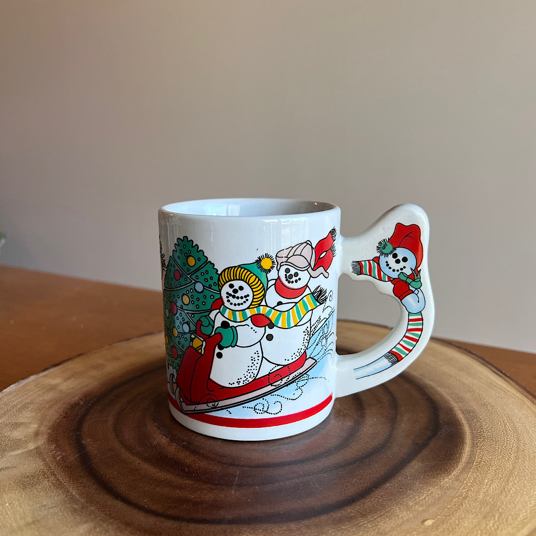 Vintage Christmas Snowmen Sledding Mug