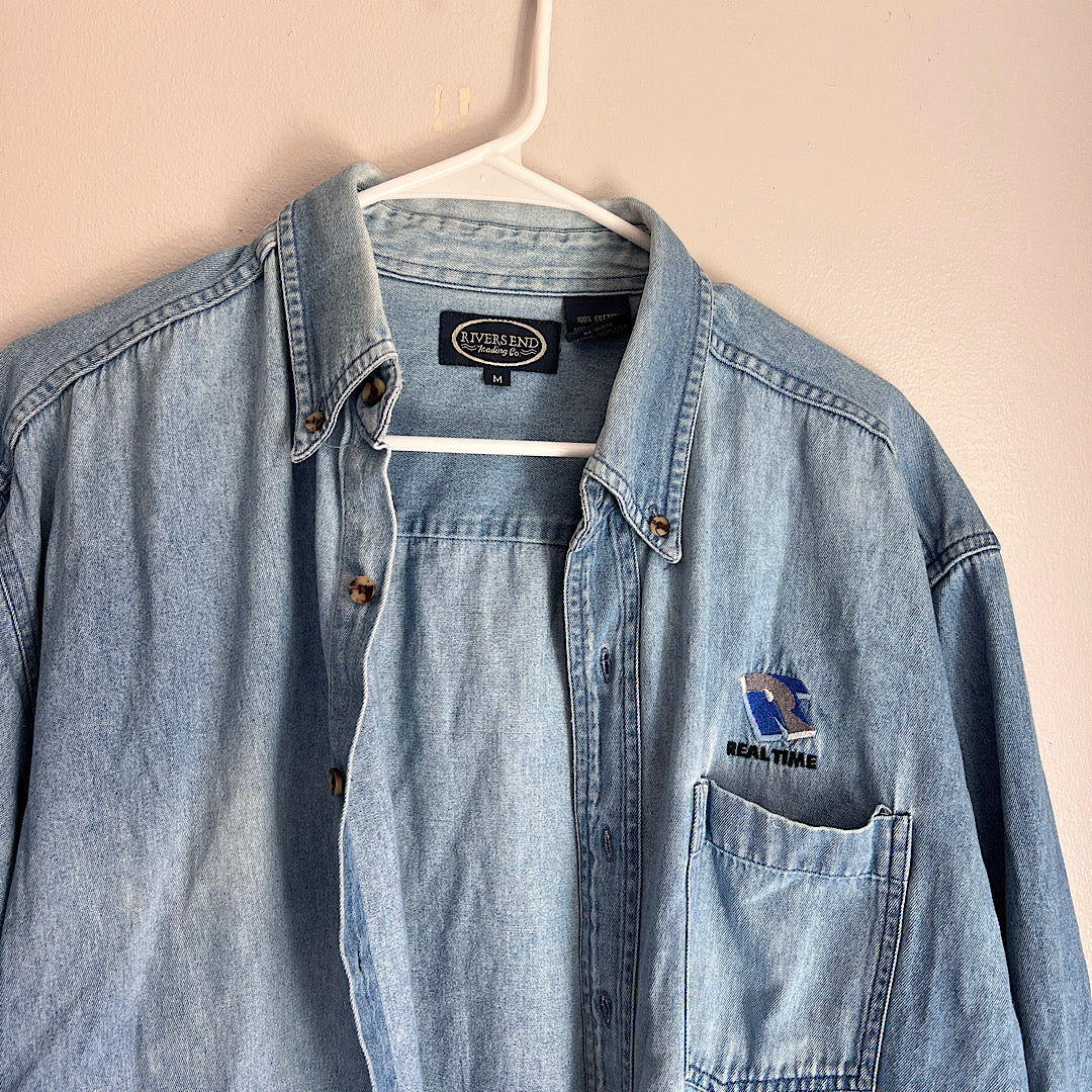 Vintage Denim Embroidered 'Real Time' Button Up Shirt