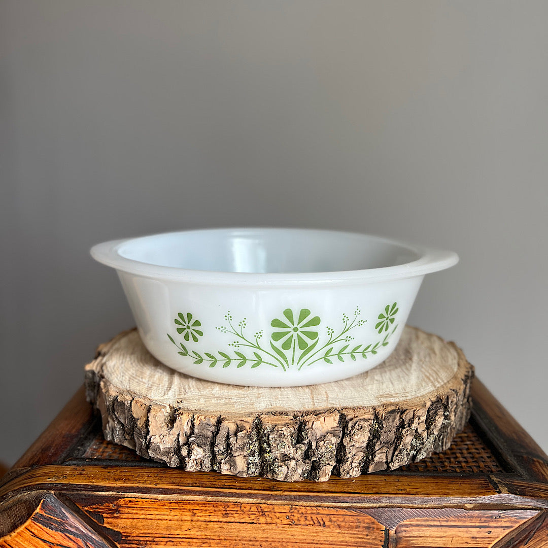 Vintage '60s Glasbake Milk Glass Green Daisy Casserole Dish