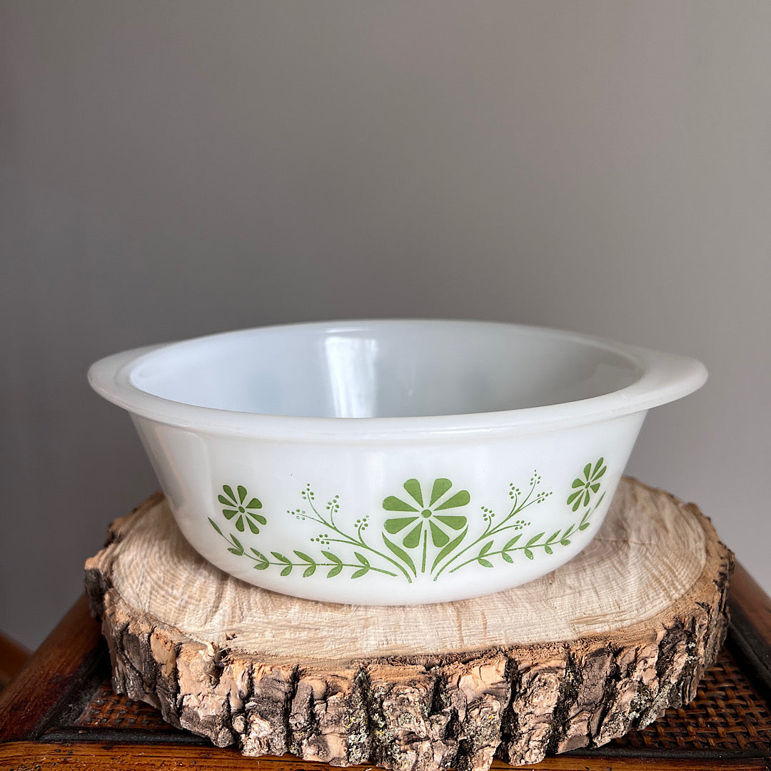 Vintage '60s Glasbake Milk Glass Green Daisy Casserole Dish