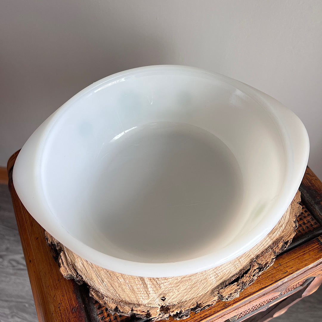 Vintage '60s Glasbake Milk Glass Green Daisy Casserole Dish