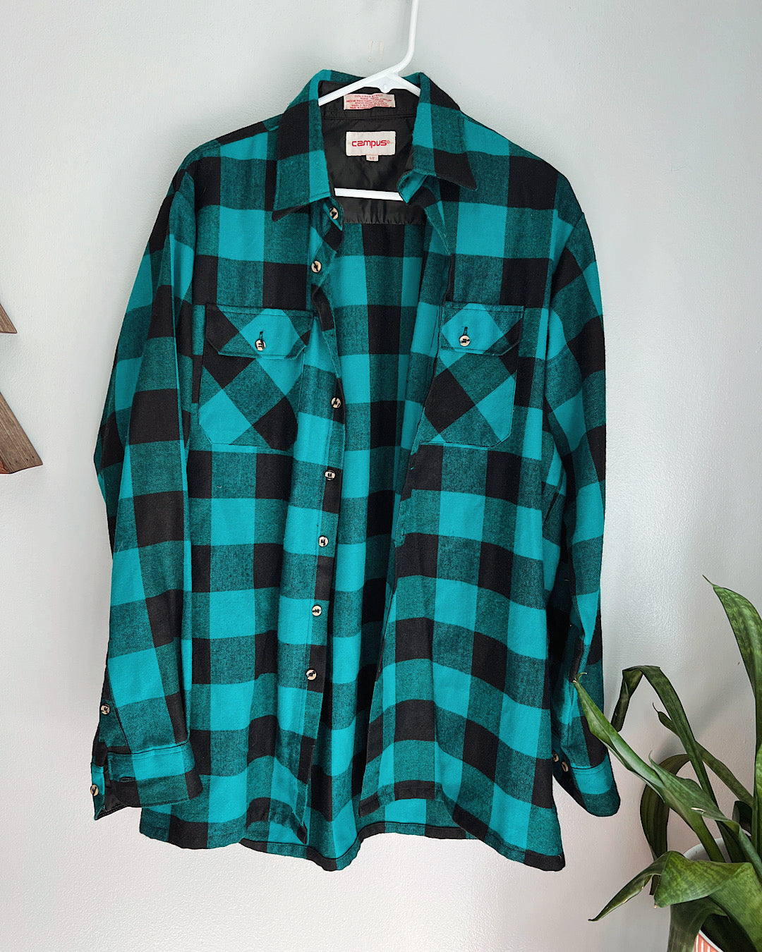 Vintage Teal & Black Plaid Flannel Button Up