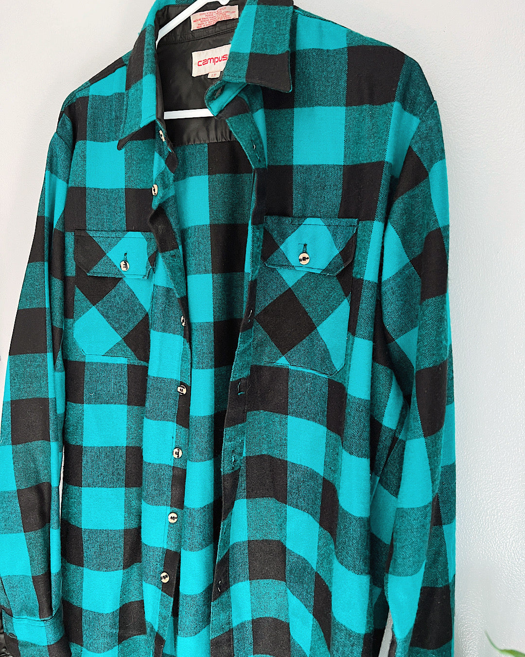 Vintage Teal & Black Plaid Flannel Button Up