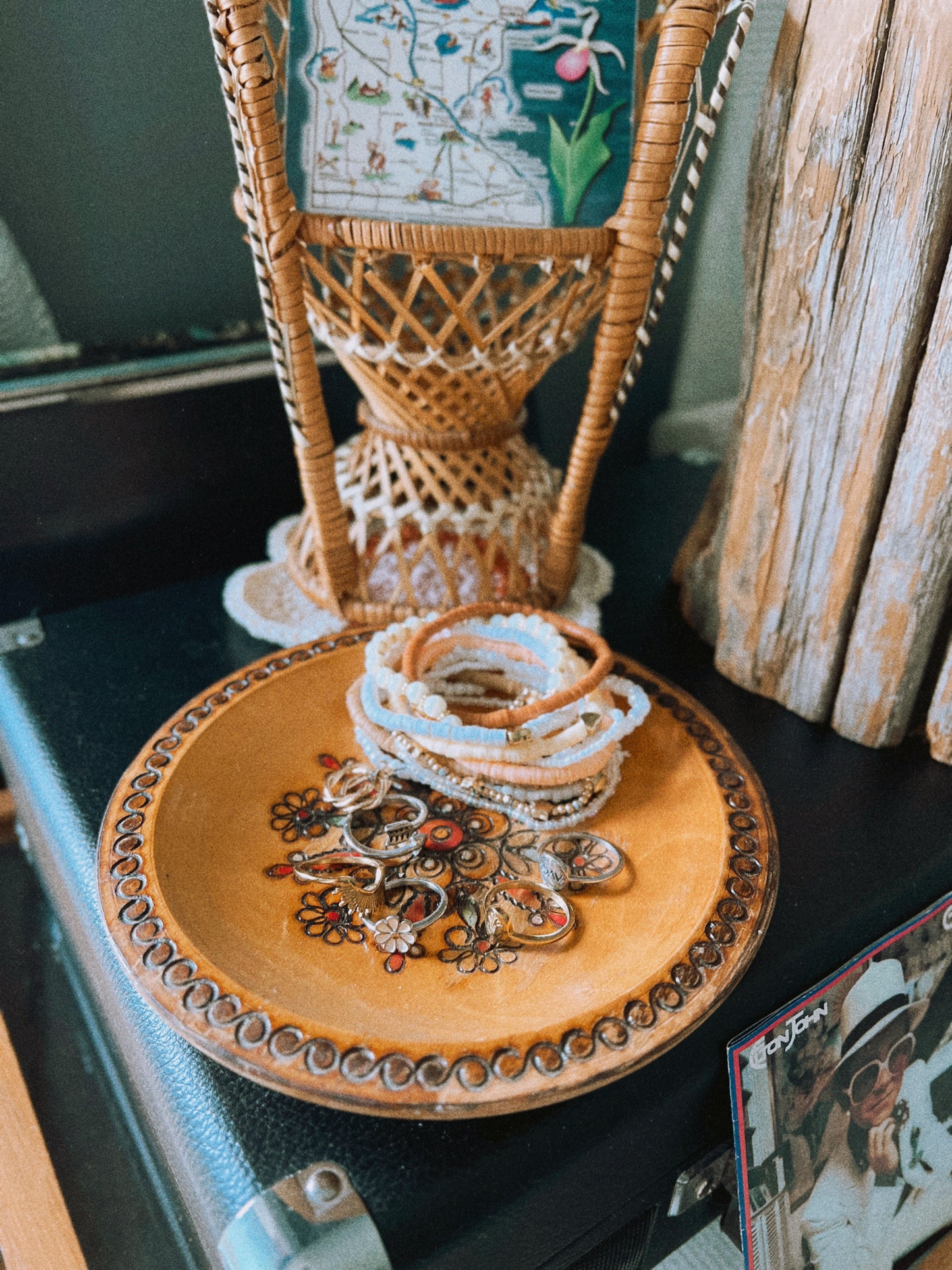 Vintage Floral Engraved Wooden Tray