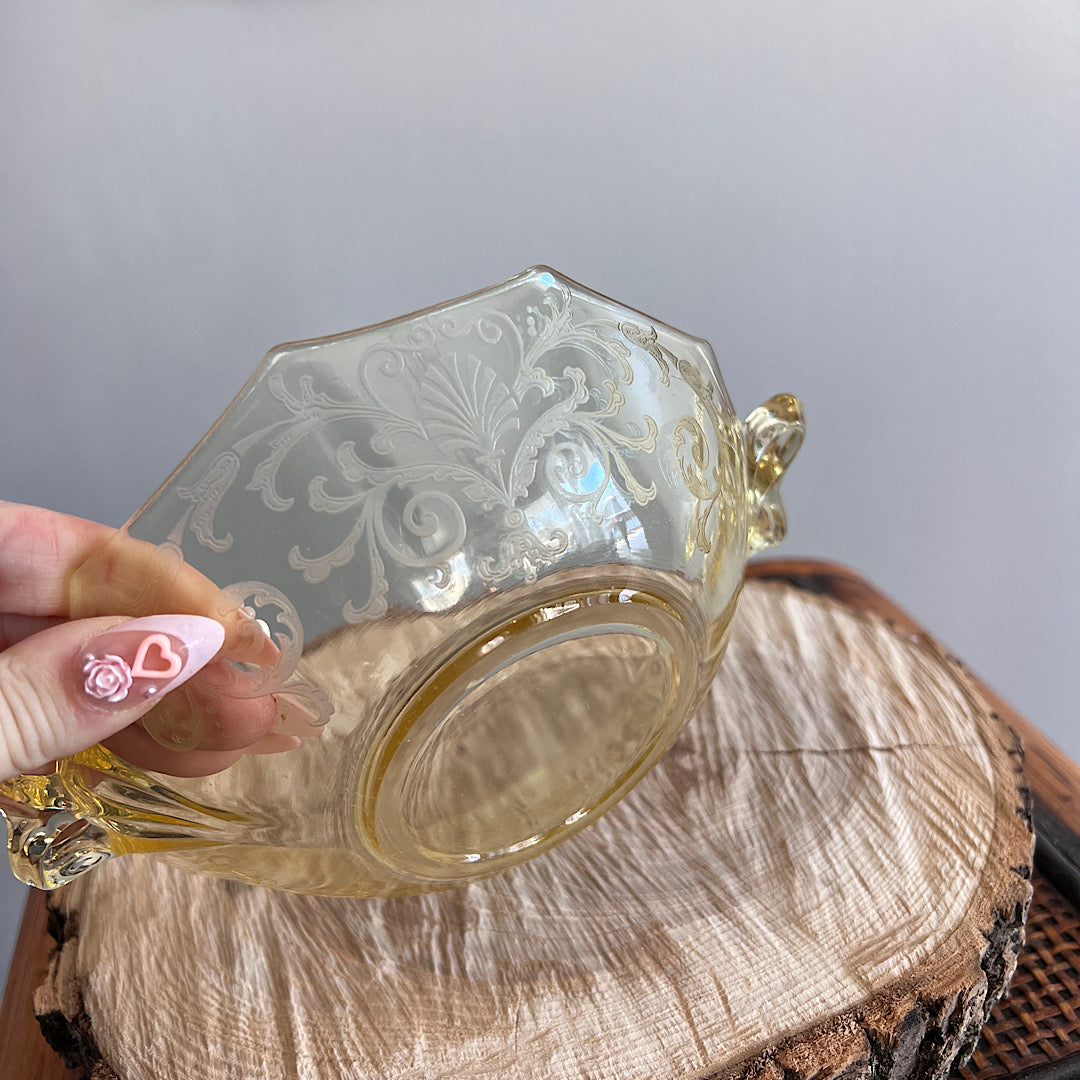 Vintage '30s Fostoria Versailles Topaz Yellow Dish With Bow Handles