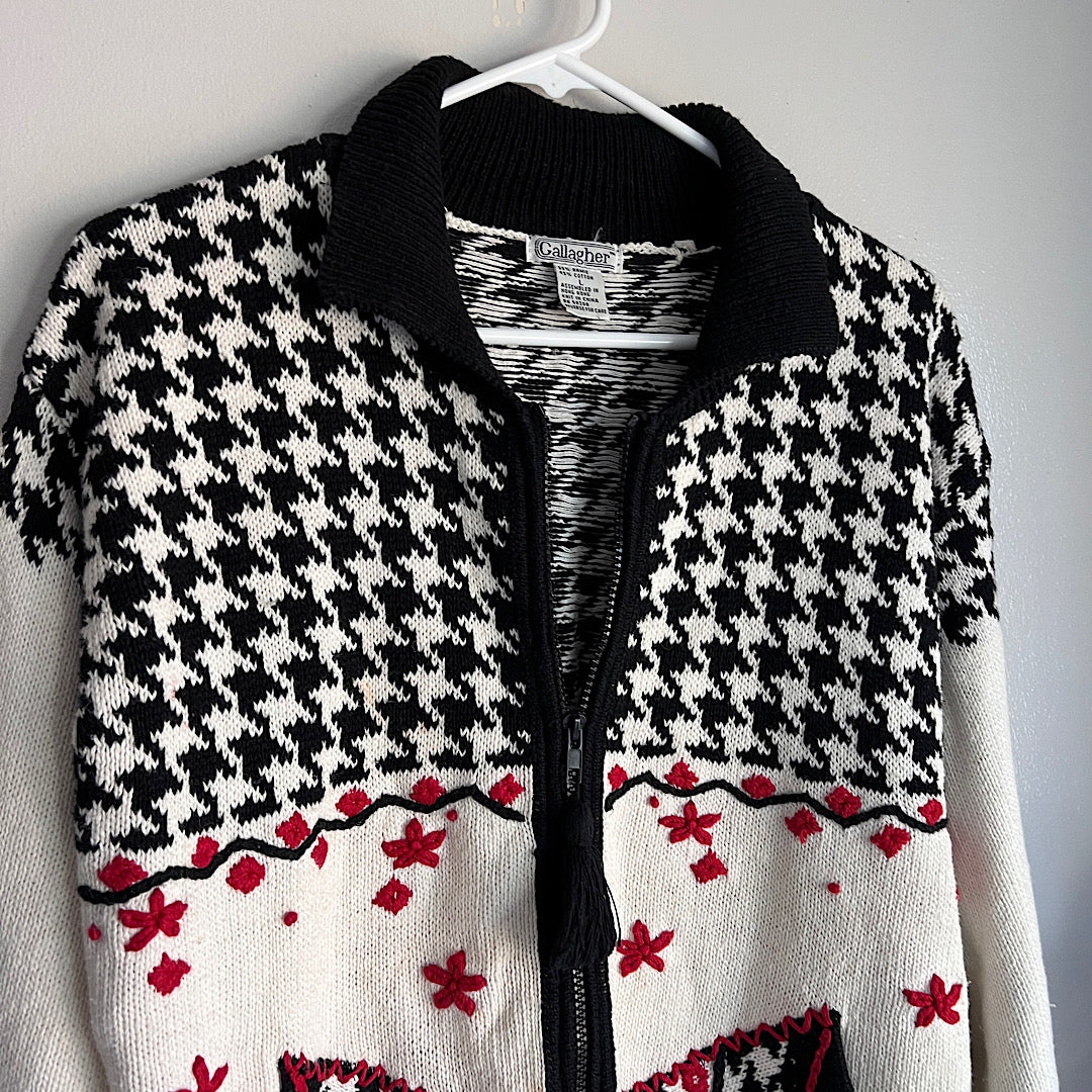 Vintage Gallagher Houndstooth Zip Up Cardigan Sweater