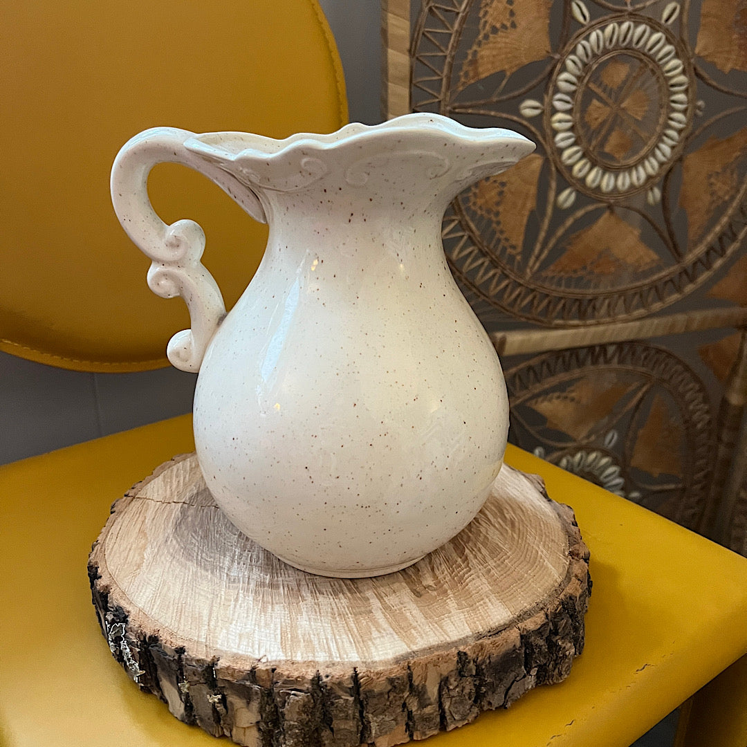 Vintage Cream Speckled Vase with Flowers