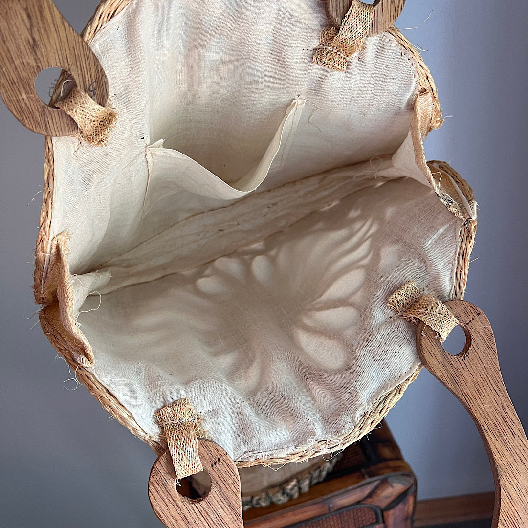 Vintage Hand Woven Straw Bag with Wooden Handles