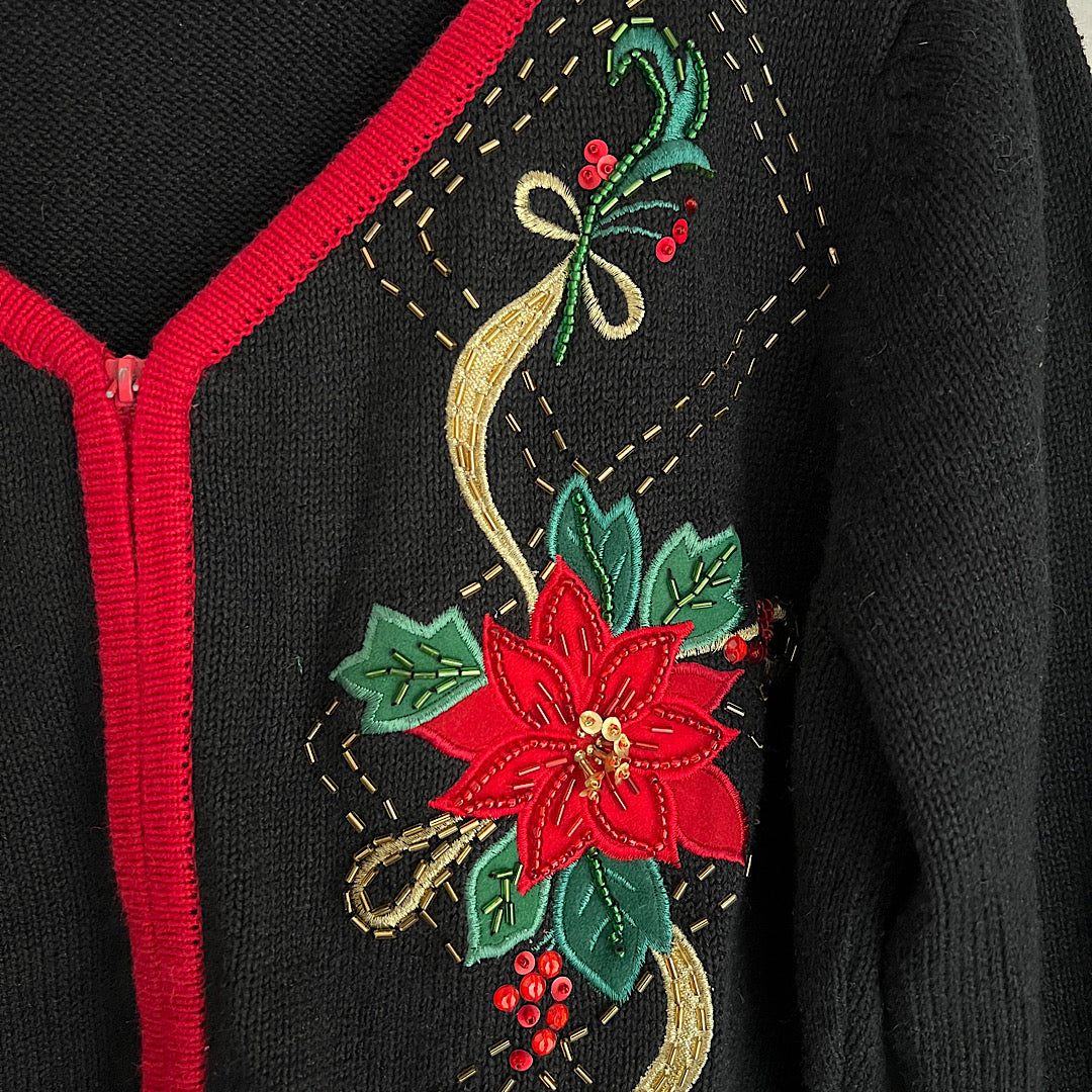 Vintage Tiara International Beaded Embroidered Christmas Zip Up Sweater