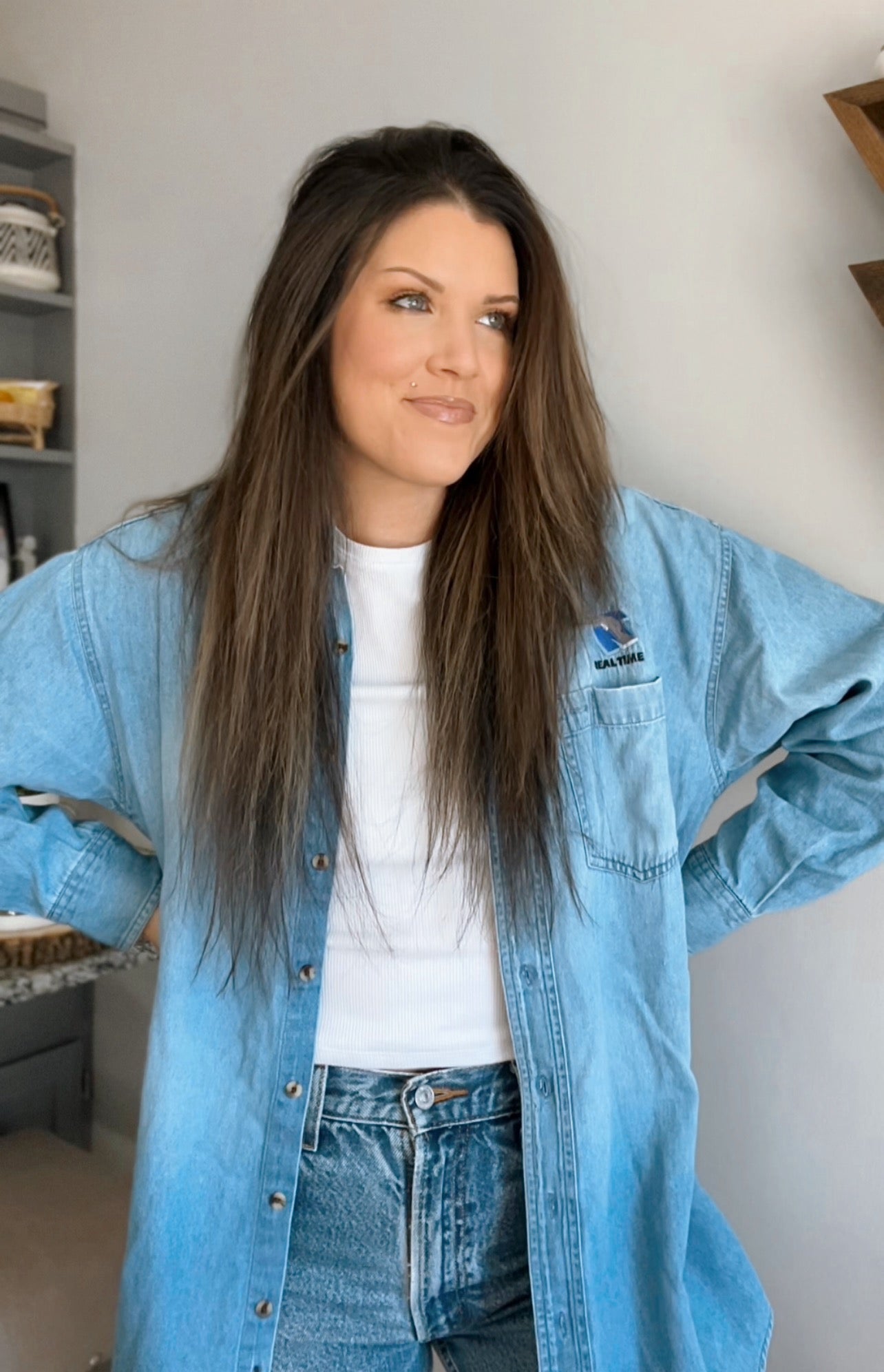 Vintage Denim Embroidered 'Real Time' Button Up Shirt