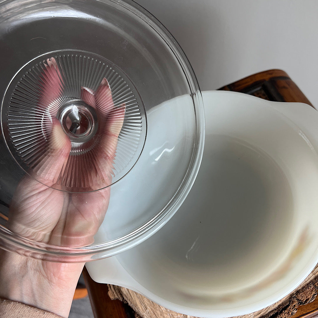 Vintage Harvest Vegetables Milk Glass Baking Dish With Lid