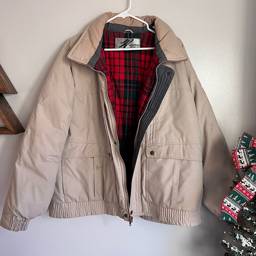 Vintage Weather Watcher Tan & Plaid Workwear Down Puffer
