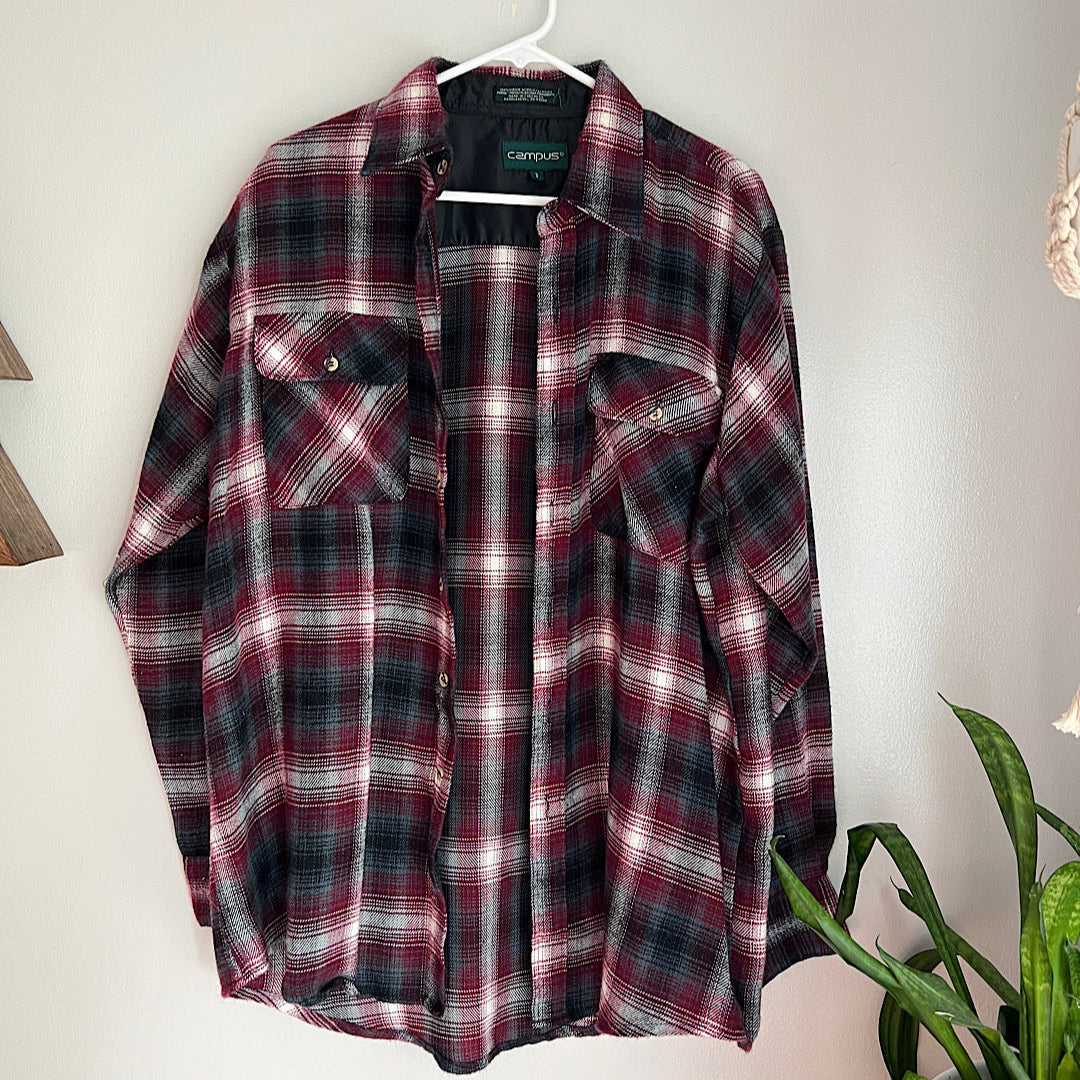 Vintage Campus Maroon, Gray and White Plaid Button Up Flannel Shirt