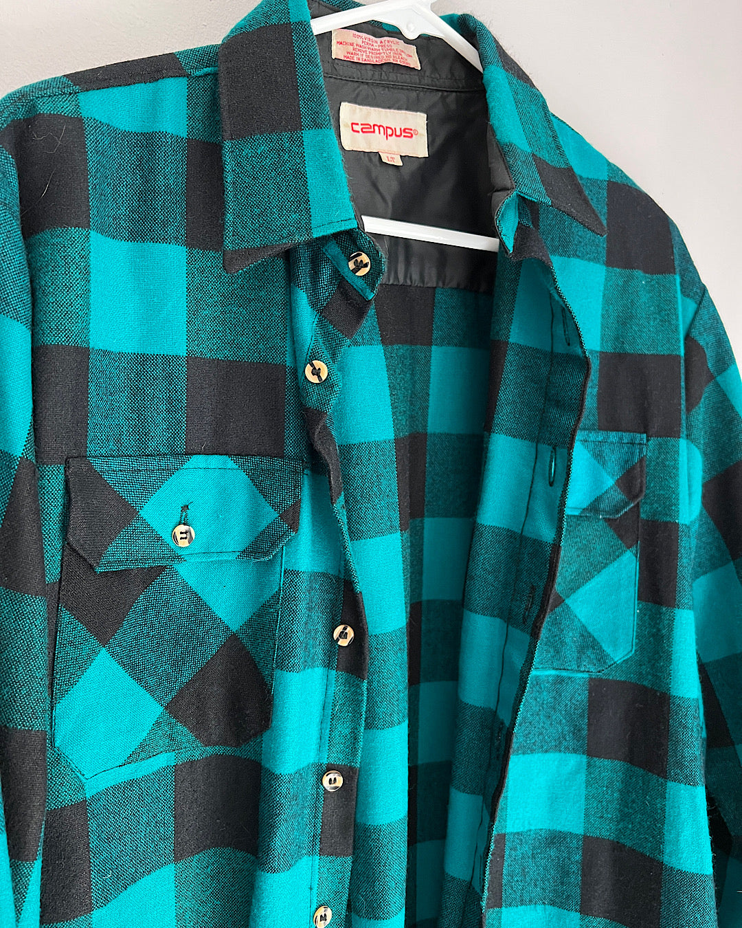 Vintage Teal & Black Plaid Flannel Button Up