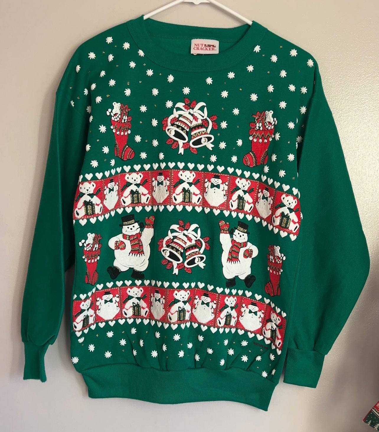 Vintage '90s Nutcracker Snowman Hearts Christmas Sweatshirt Made in USA