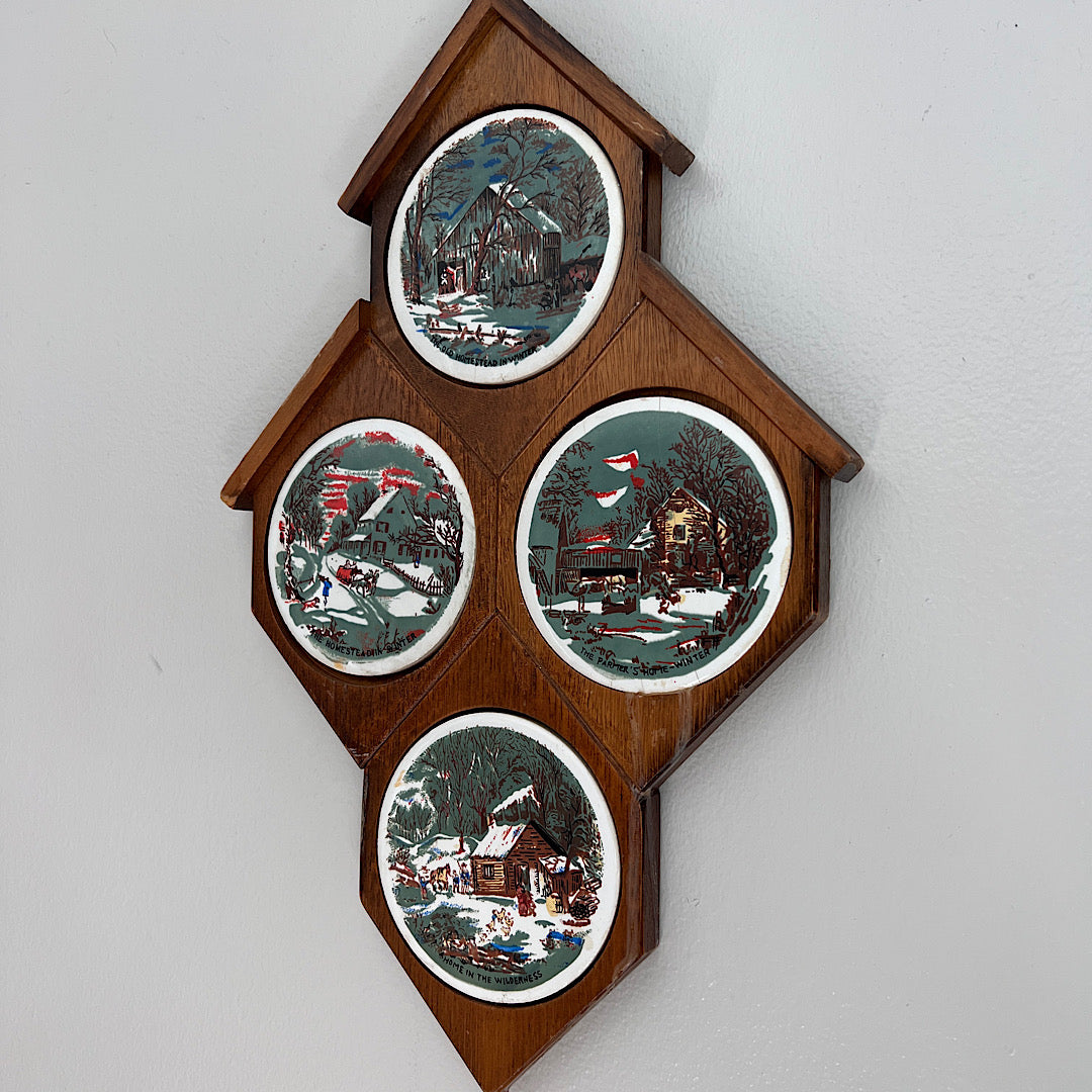 Vintage Currier & Ives Wooden Tile Outdoor Scenery Wall Hanging