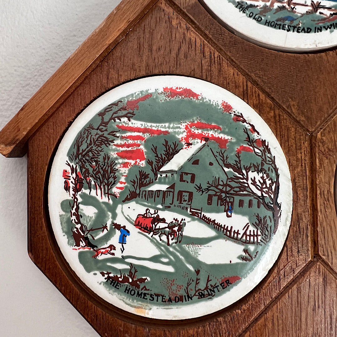 Vintage Currier & Ives Wooden Tile Outdoor Scenery Wall Hanging