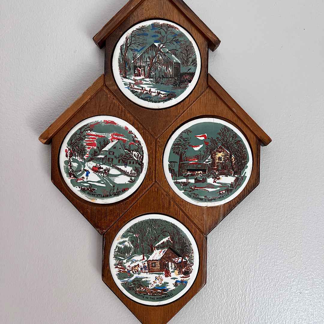 Vintage Currier & Ives Wooden Tile Outdoor Scenery Wall Hanging