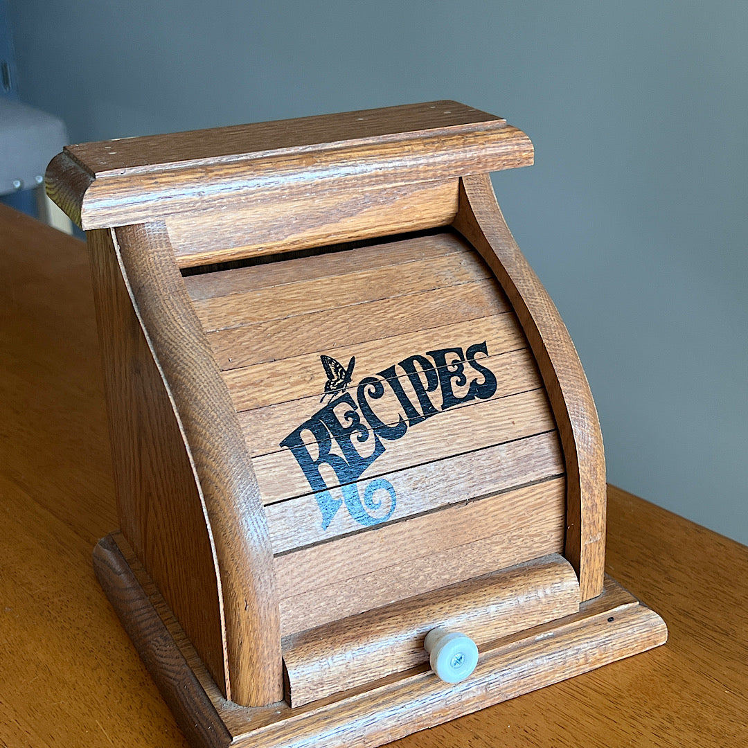 Vintage Wooden Roll Top Butterfly Recipe Box