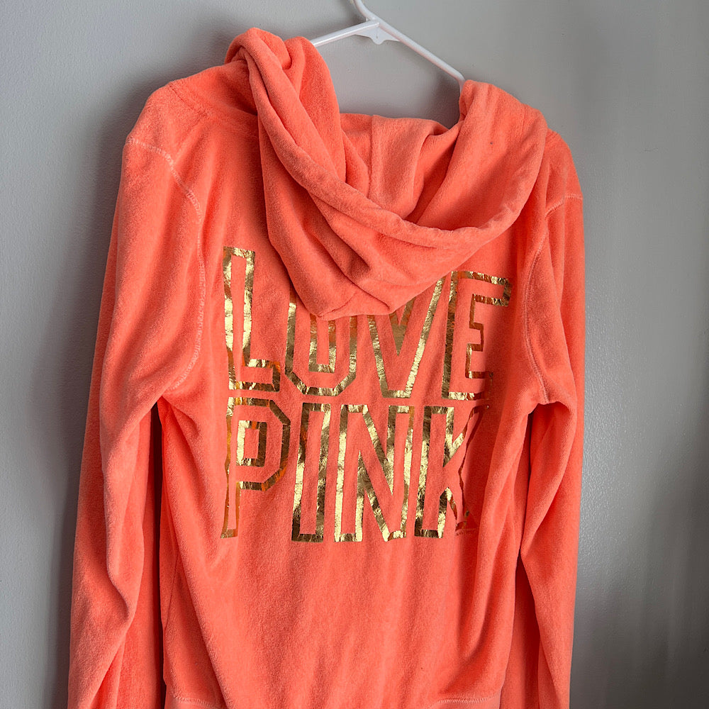 Vintage ('10) PINK Terry Zip Hoodie Neon Orange & Gold Foil