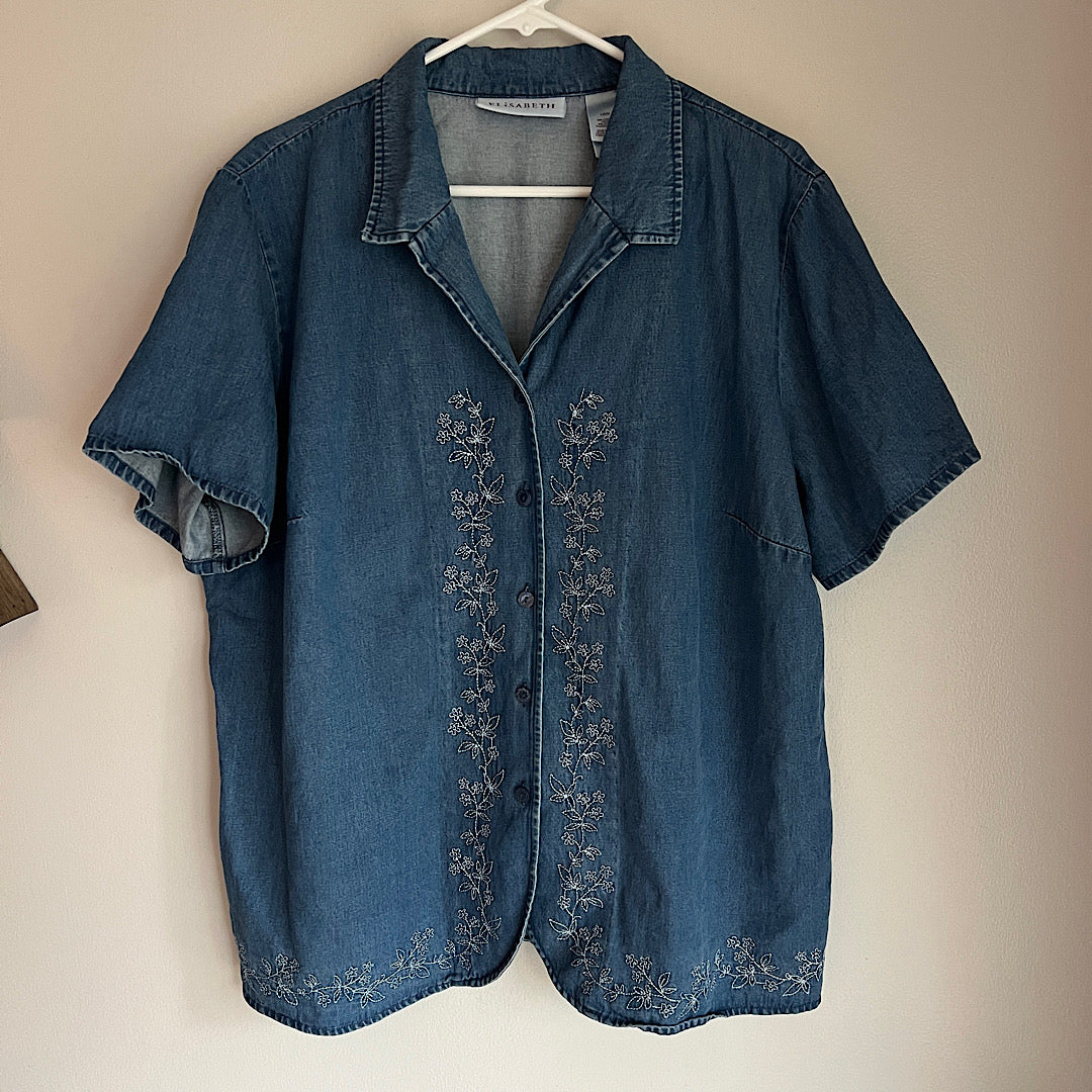 Vintage Elisabeth Floral Embroidered Denim T-Shirt Button Up