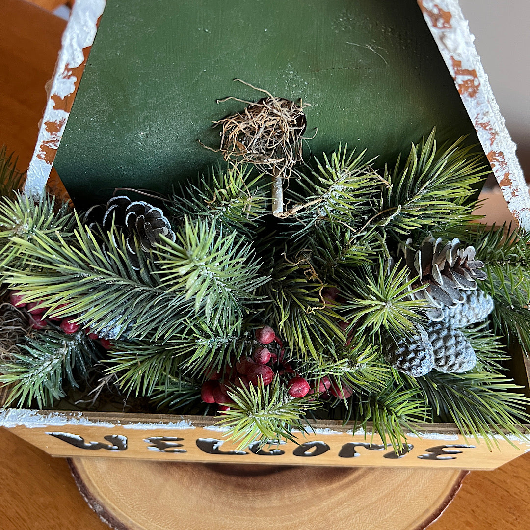 Vintage Welcome A-Frame Cabin Winter Pine Stems Box