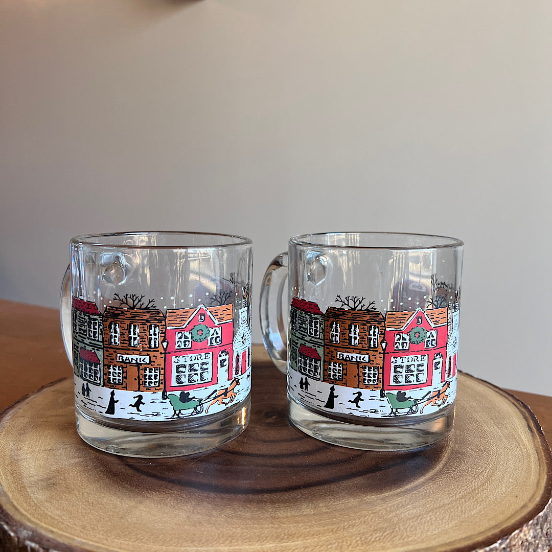 Vintage Christmas Town Glass Mugs (Set of 2)