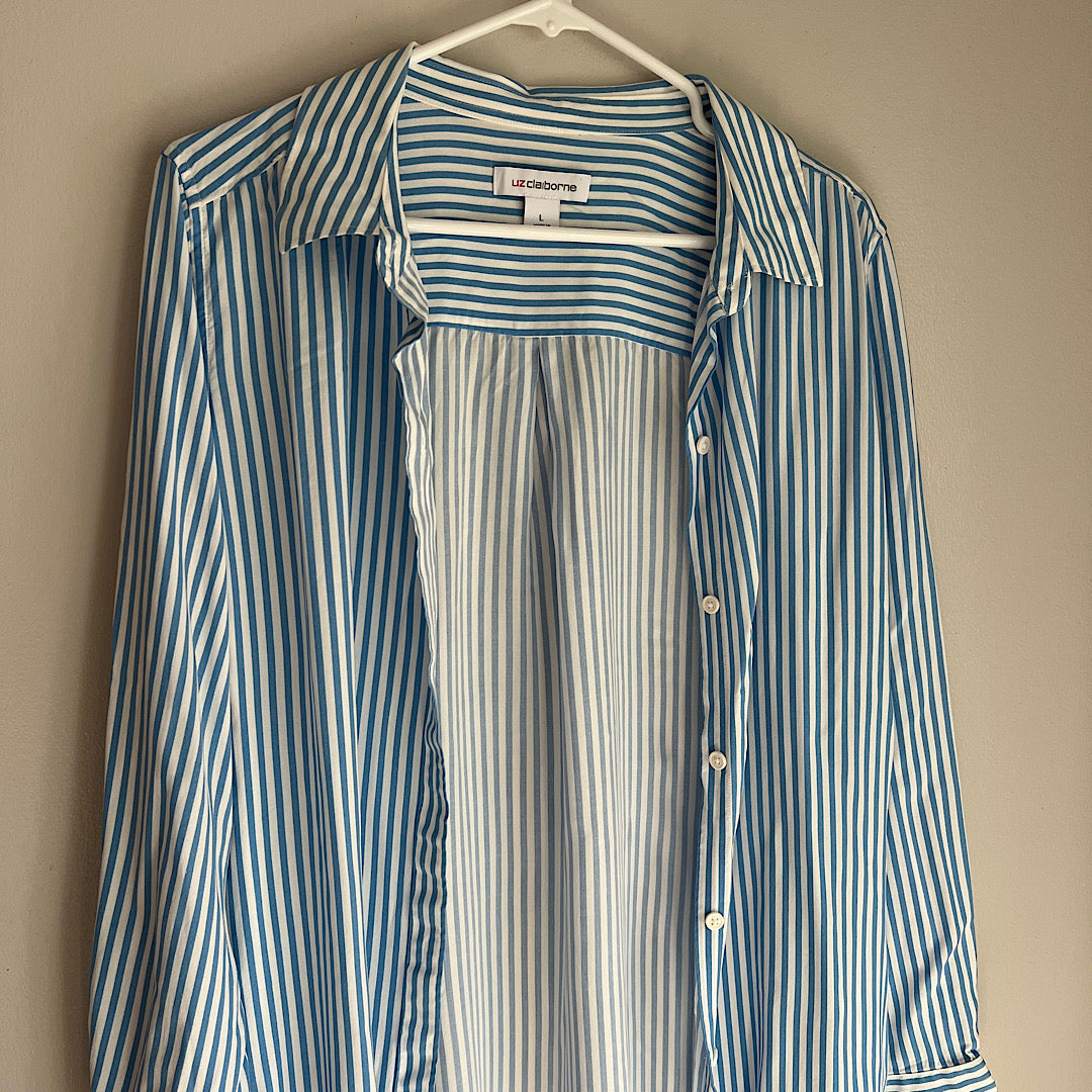 Vintage Liz Claiborne Blue and White Striped Lightweight Button Up Shirt
