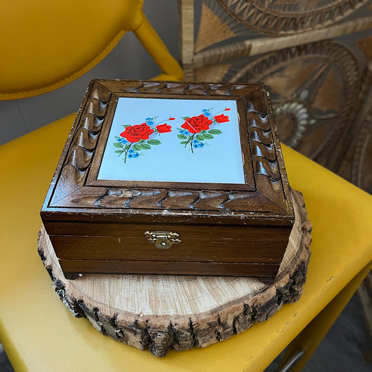 Vintage 80s Decorative Floral Tile Wooden Hinged Lid Box