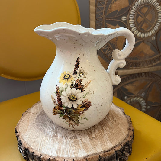 Vintage Cream Speckled Vase with Flowers