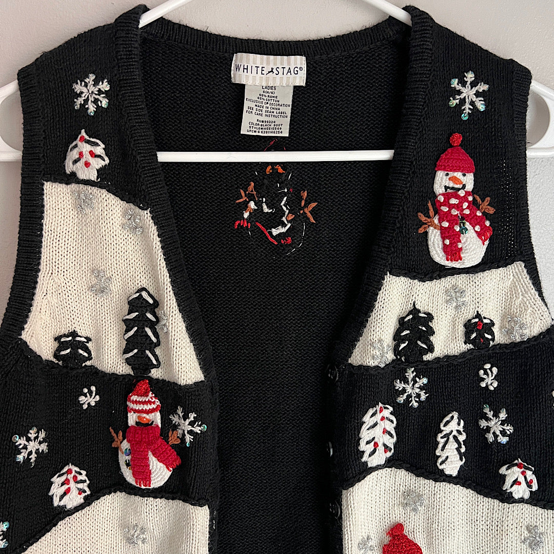 Vintage White Stag Snowman Trees Embellished Knit Christmas Vest