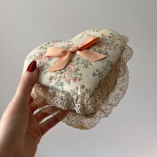 Vintage Cottage Core Floral Fabric Heart Shaped Box