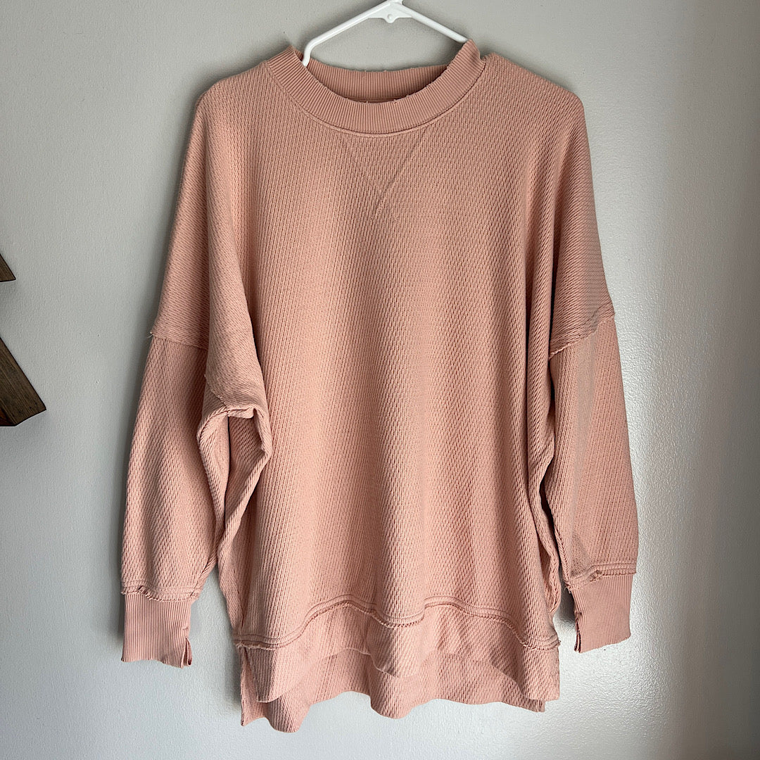 Aerie Oversized Blush Waffle Knit Crewneck Pullover Sweatshirt
