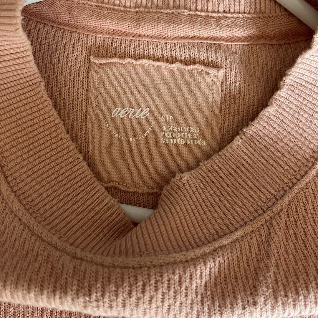 Aerie Oversized Blush Waffle Knit Crewneck Pullover Sweatshirt