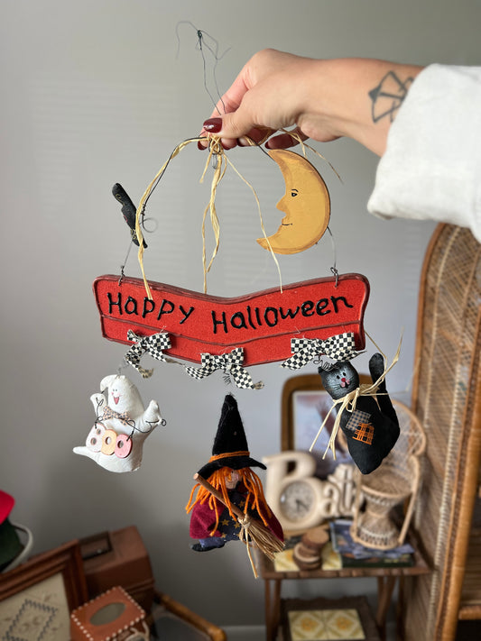 Vintage Happy Halloween Sign Pumpkin Ghost Witch Cat