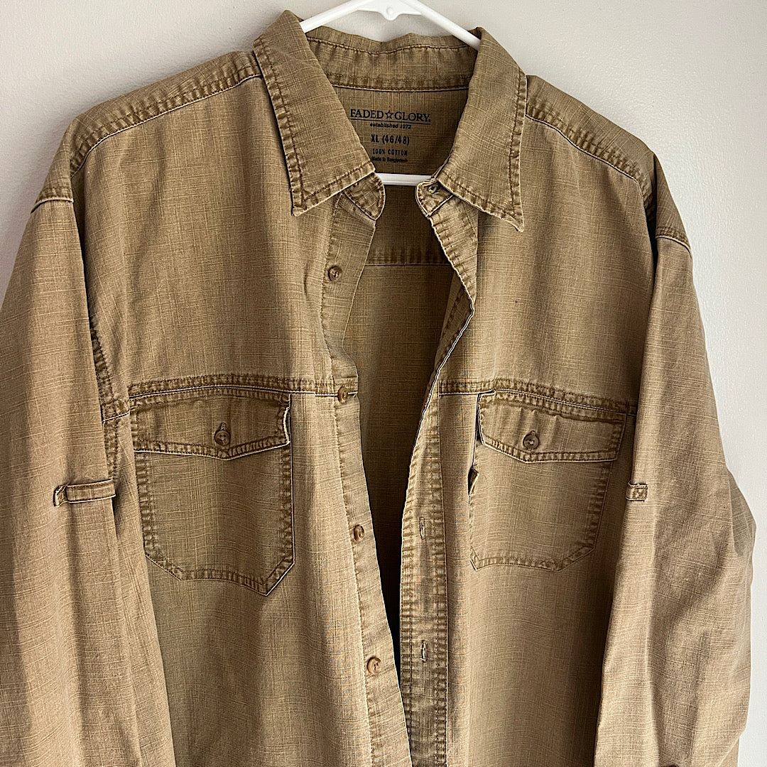 Vintage Faded Glory Tan Denim Button Up Shirt