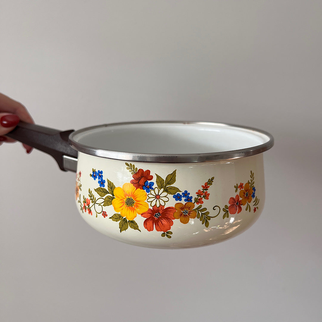 Vintage 70s JMP Sweet Flowers Enamelware Pot Pan