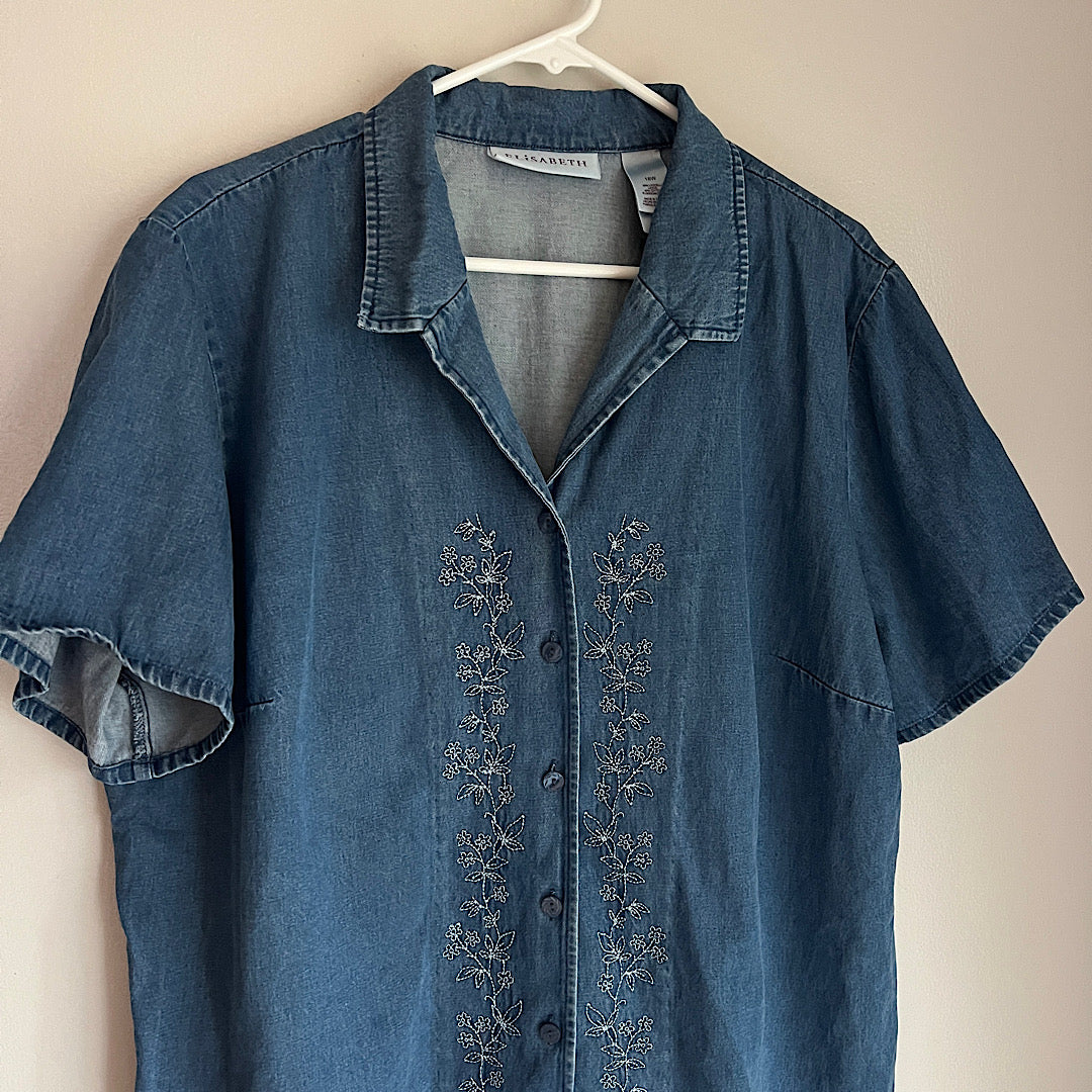 Vintage Elisabeth Floral Embroidered Denim T-Shirt Button Up