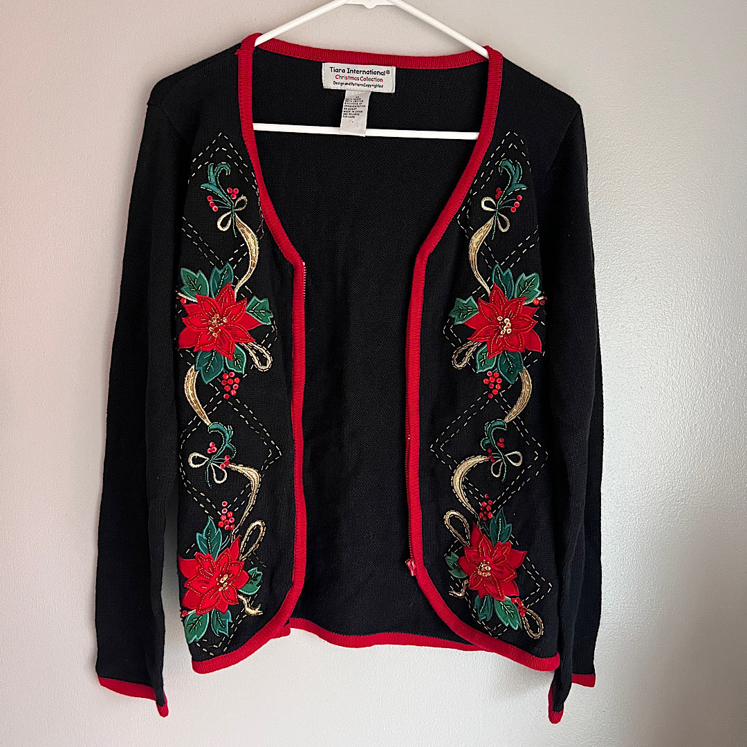 Vintage Tiara International Beaded Embroidered Christmas Zip Up Sweater