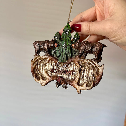 Vintage 'Welcome' Cabin Antler Bear Ornament