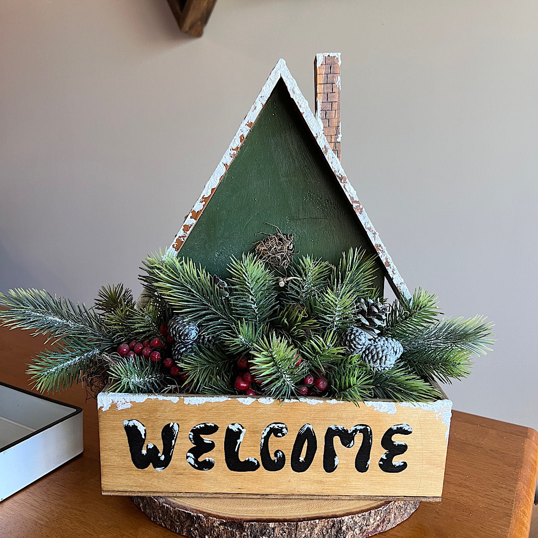 Vintage Welcome A-Frame Cabin Winter Pine Stems Box