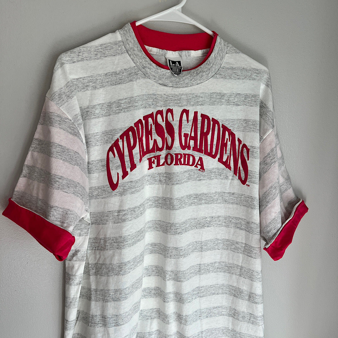 Vintage L.A.T Sportswear Cypress Gardens Florida Hot Pink Double Collar Striped Tee